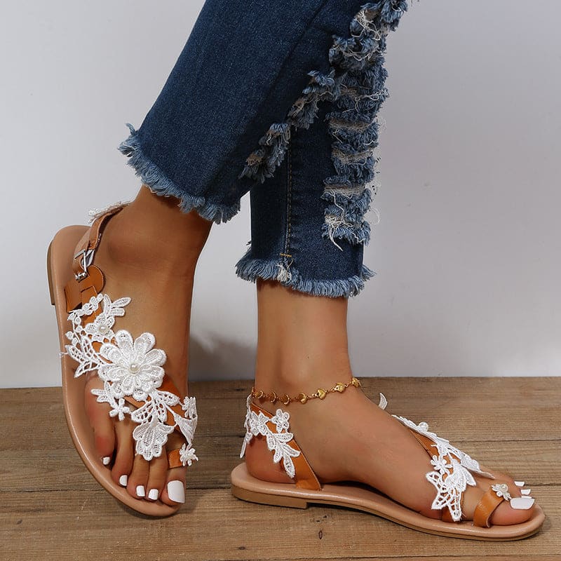 Lace Sandals Flowers Ankle Strap Shoes Bohemia Beach - On sale