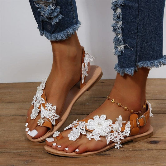 Lace Sandals Flowers Ankle Strap Shoes Bohemia Beach - White A / Size35 On sale