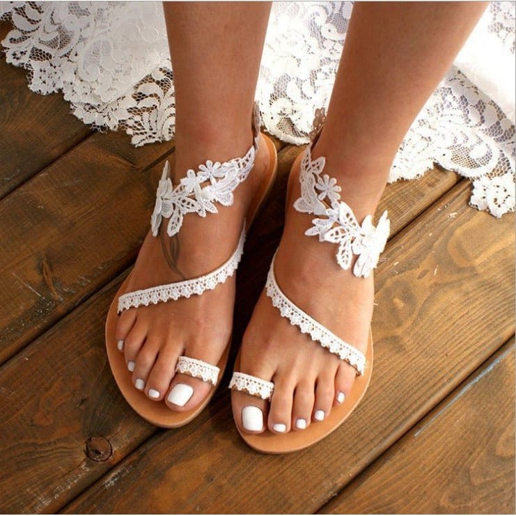 Lace Sandals Flowers Ankle Strap Shoes Bohemia Beach - White B / Size35 On sale