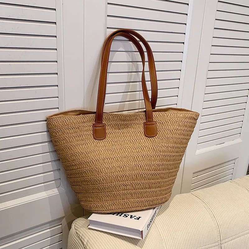 Large-Capacity Summer Beach Tote Straw Woven Handbag - khaki / 23x14x29cm On sale