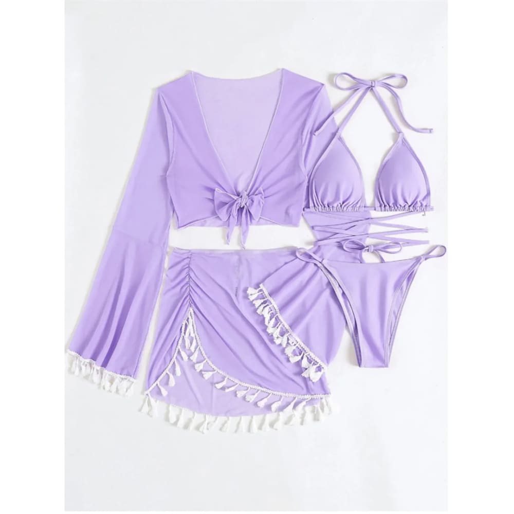 Lavender boho tassel bikini set with matching long-sleeved cover-up and white tassel skirt trim
