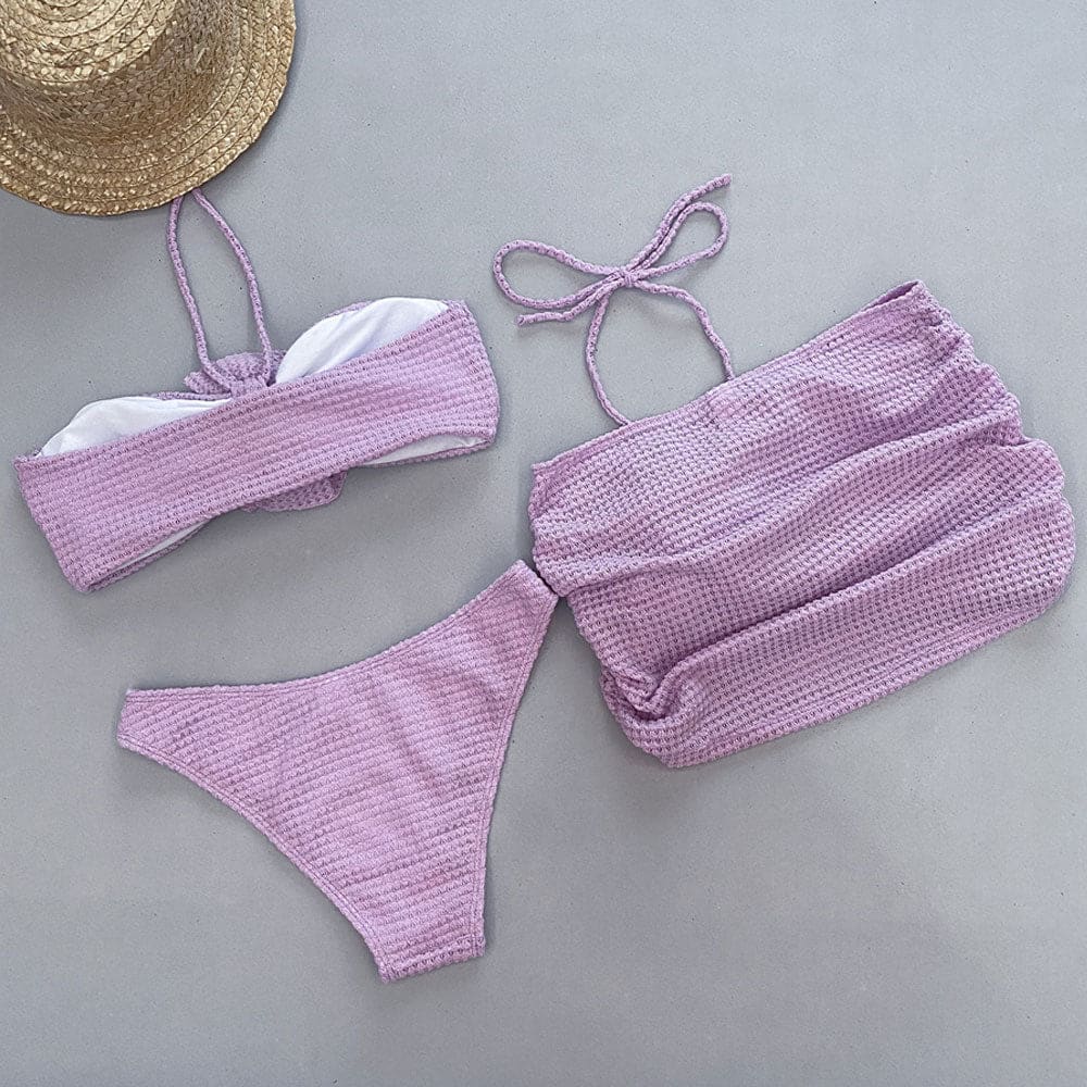 boho-rosette-halter-bandeau-crochet-knit-brazilian-three-piece-bikini-swimsuit-Purple-3 - Sunnybikinis
