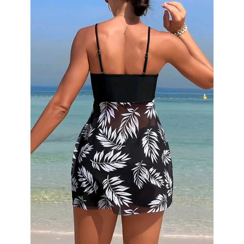 Schwarzes Leaf-Print Tankini-Kleid mit Trägern und Rückenausschnitt, Rock mit Shorts