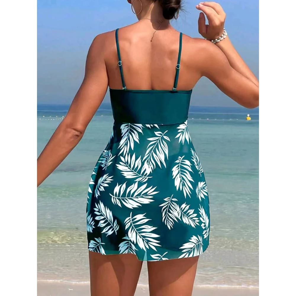 Leaf Print Tankini Dress Swimsuit with Shorts – Padded Beachwear - On sale