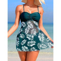 Dunkelgrünes Tankini-Kleid mit weißen Blattmotiven, gepolsterter Büste und Shorts