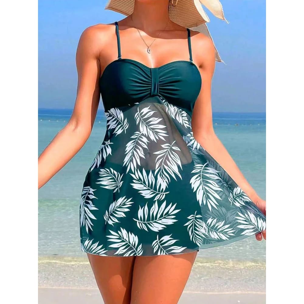 Leaf Print Tankini Dress Swimsuit with Shorts – Padded Beachwear - Green / S On sale