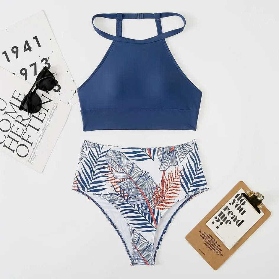 Leaves Printed High Waisted Neck Bikini Swimsuit - On sale