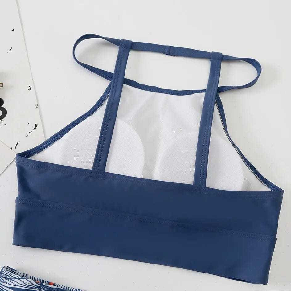 Leaves Printed High Waisted Neck Bikini Swimsuit - On sale