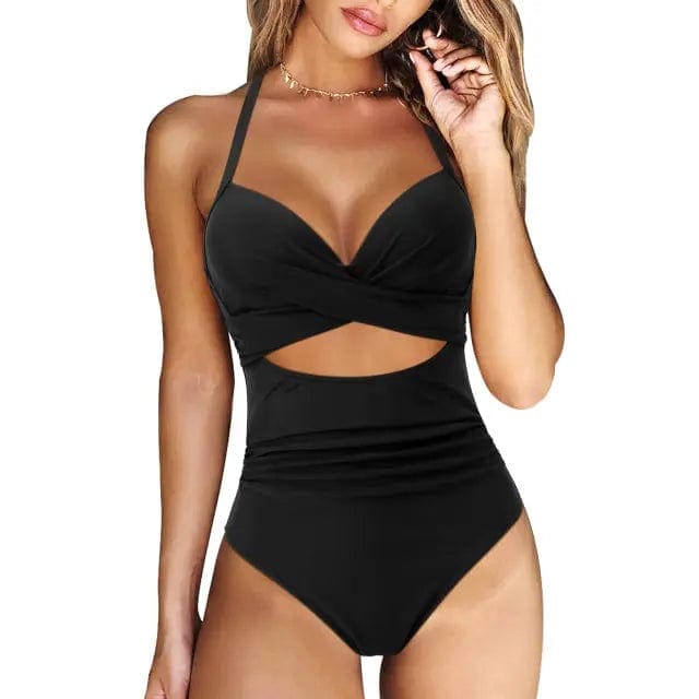 Leopard Halter High Waist Cut Out One Piece Swimsuit - B4702BK / M On sale