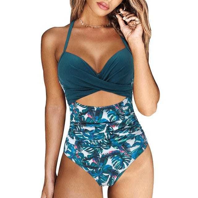 Leopard Halter High Waist Cut Out One Piece Swimsuit - B4702MT / M On sale