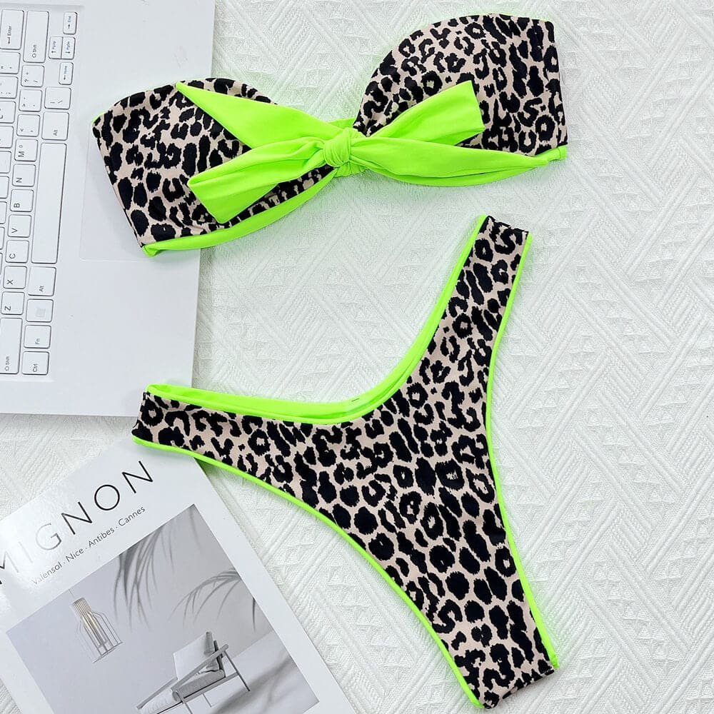 Leopard High Cut Bow Tie Bandeau Brazilian Thong Bikini - On sale