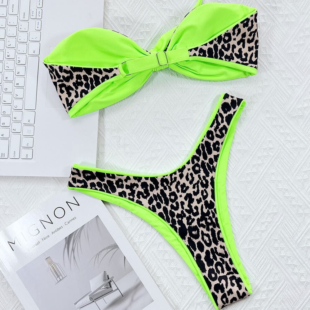 Leopard High Cut Bow Tie Bandeau Brazilian Thong Bikini - On sale