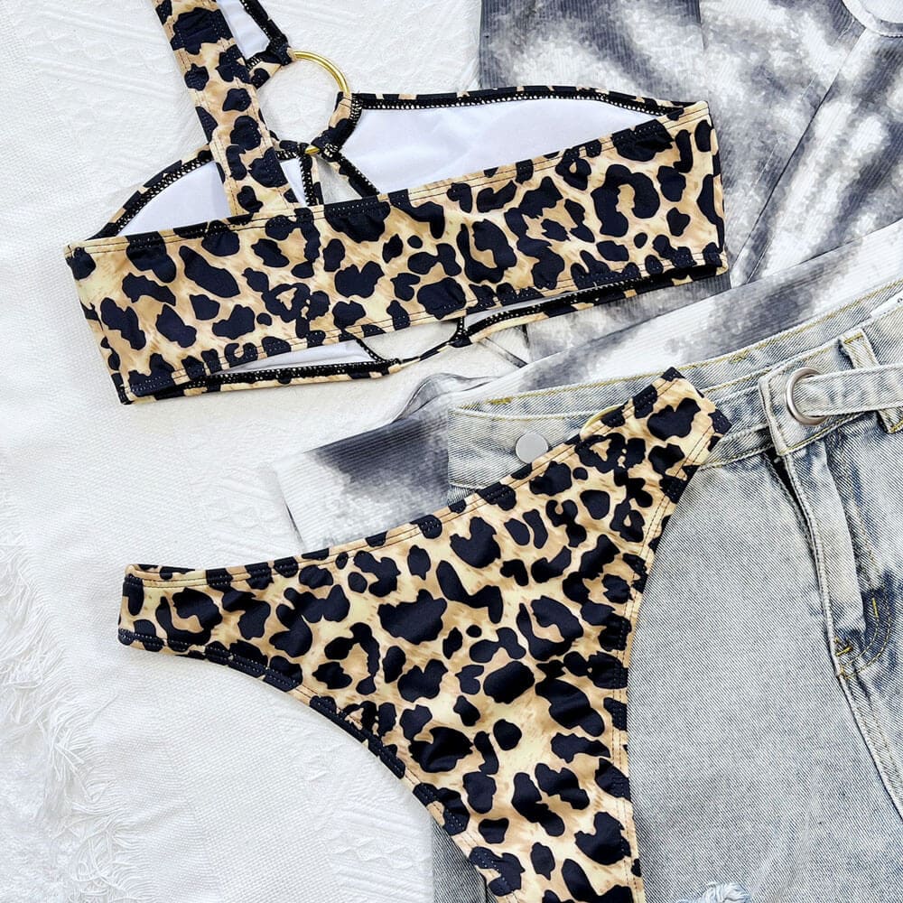 Leopard Metallic O Ring One Shoulder Brazilian Bikini - On sale