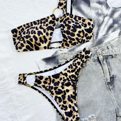 Leopard Metallic O Ring One Shoulder Brazilian Bikini - On sale