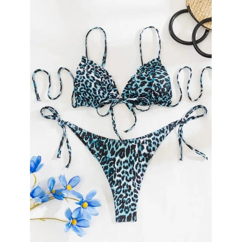 Leopard Micro Bikini Set con brasiliana tiro alto, estampado leopardo azul