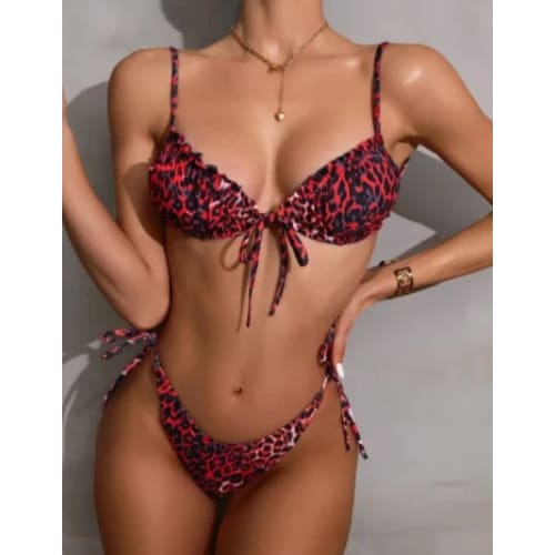 Leopard Micro Bikini Set – Brazilian High‑Leg Swimwear - Red / S On sale