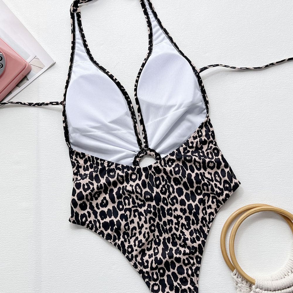 Leopard O Ring Deep V Brazilian One Piece Swimsuit - On sale