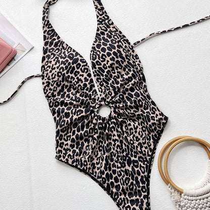 Leopard O Ring Deep V Brazilian One Piece Swimsuit - On sale