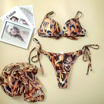 Leopard O Ring Tie String Underwire Three Piece Swimsuit - On sale