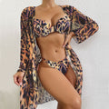 Leopard O Ring Tie String Underwire Three Piece Swimsuit - S On sale