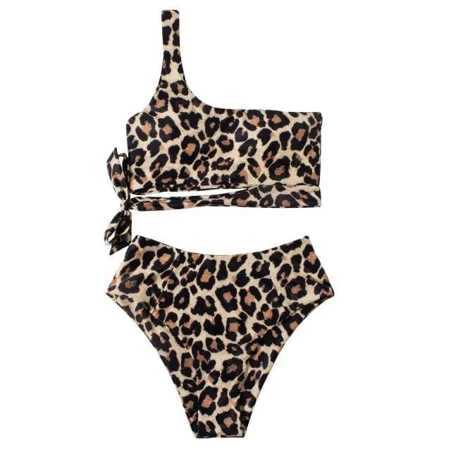 Leopard One Shoulder High Waisted Cut Bikini Swimsuit - B4286LP / L On sale