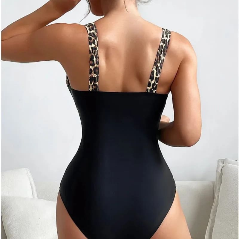 Leopard Patchwork One‑Piece Swimsuit – V‑Neck Tummy Control - On sale