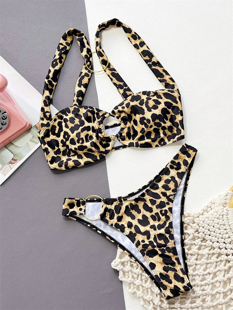 Leopard ring brazilian bikini set featuring a halter top with keyhole cutout and high-cut bottoms with gold hardware