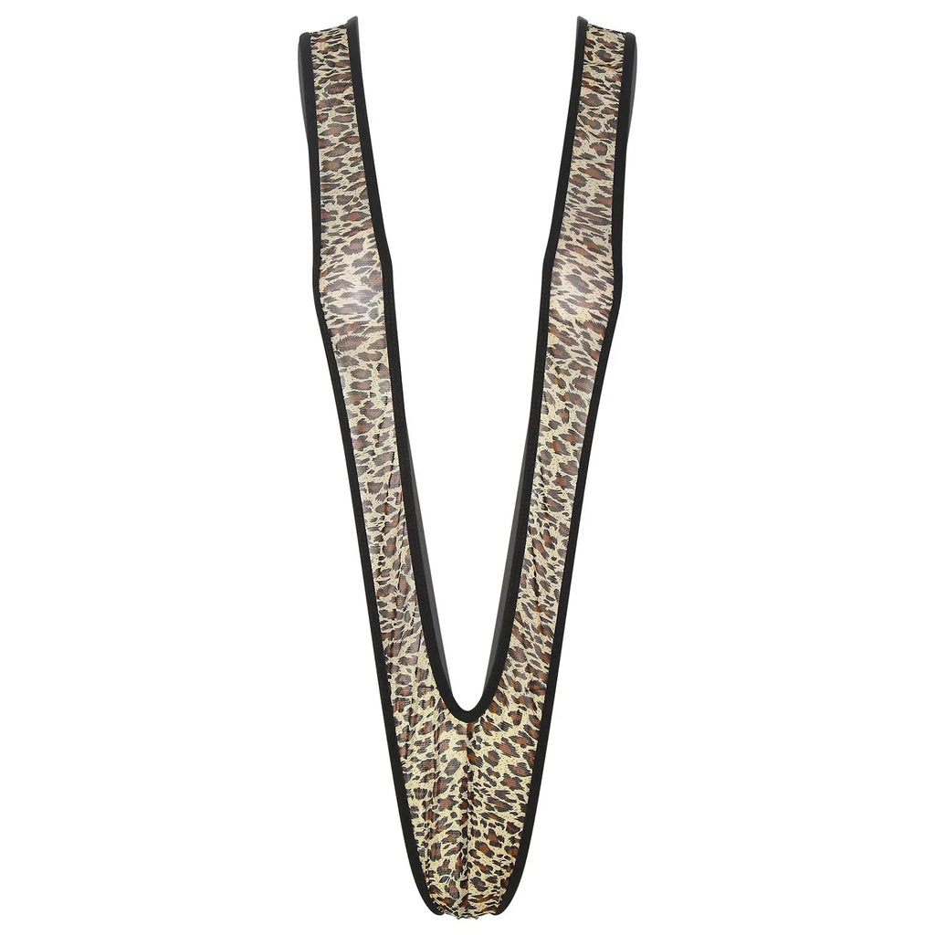 Leopard monokini-style thong with deep V-back and black contrast trim