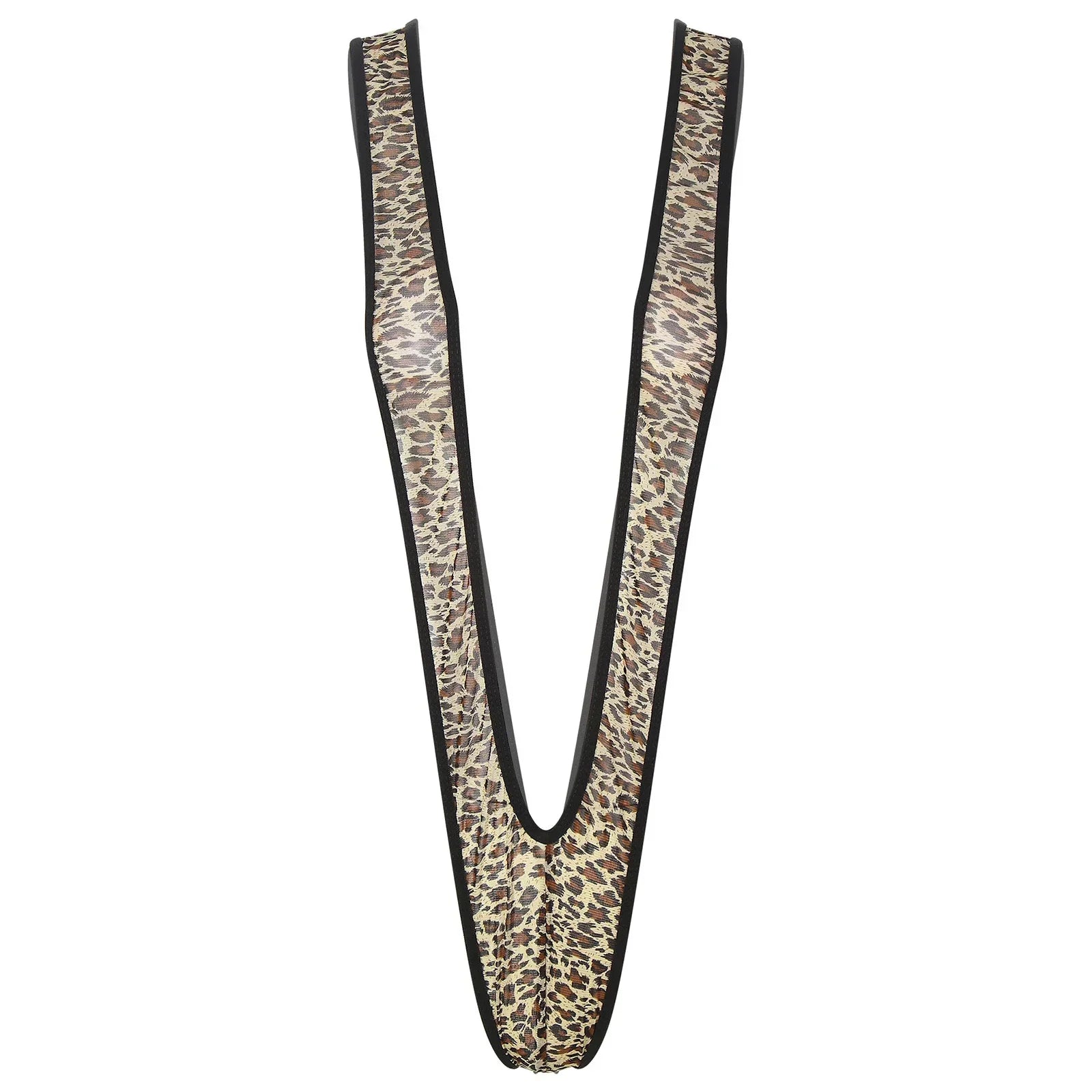 Leopard monokini-style thong with deep V-back and black contrast trim