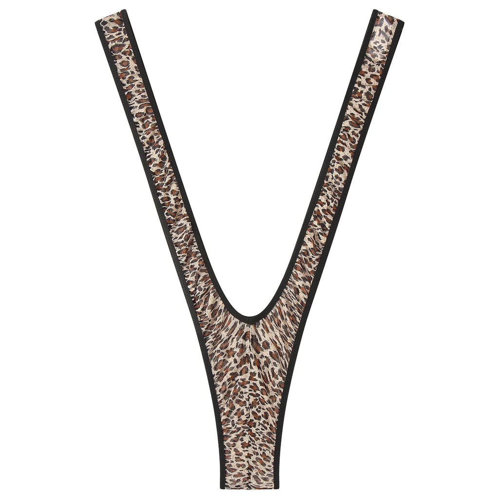 Leopard monokini-style thong silhouette with deep V-back and black edging