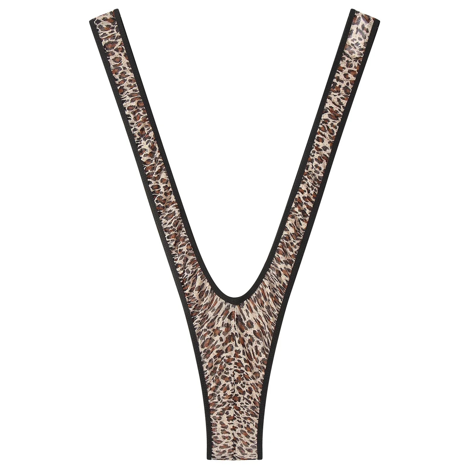 Leopard monokini-style thong silhouette with deep V-back and black edging