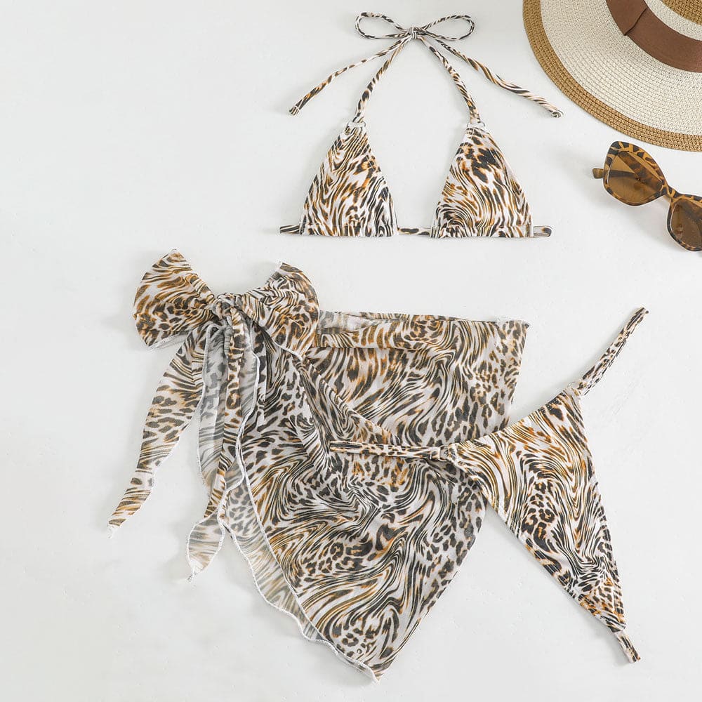 Leopard String Thong Halter Micro Slide Triangle Brazilian Three Piece ...
