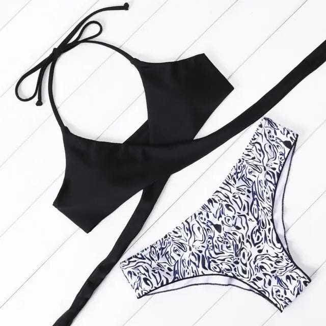 Leopard Wrap Bikini Push Up High Waisted Swimsuit - B3366BK / XL On sale