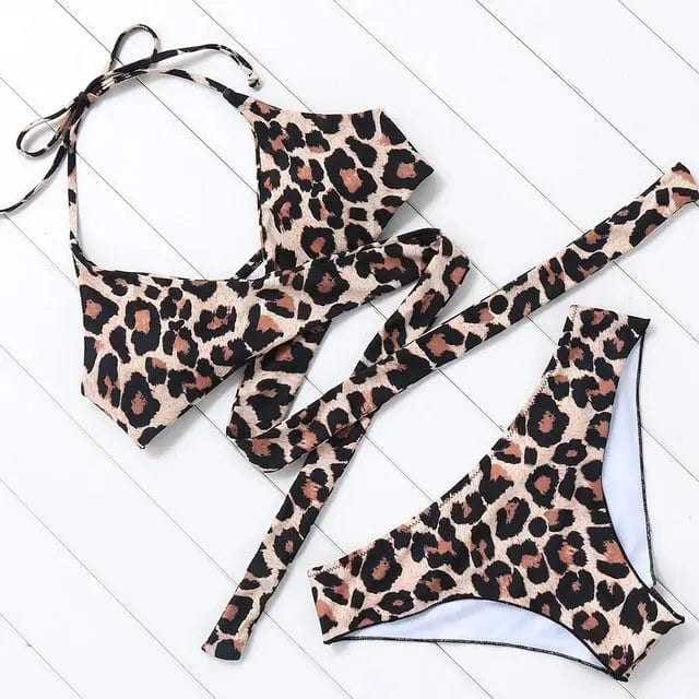 Leopard Wrap Bikini Push Up High Waisted Swimsuit - B3377LP / XL On sale
