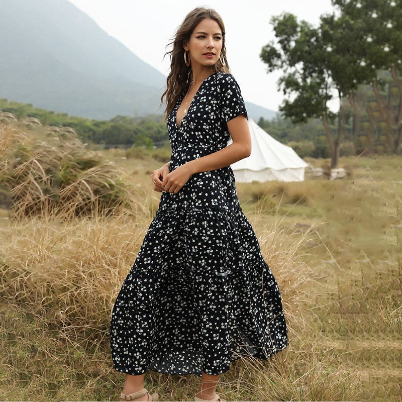 Long Dress Women Summer Boho Sexy Flowers V-neck - Blue / L On sale