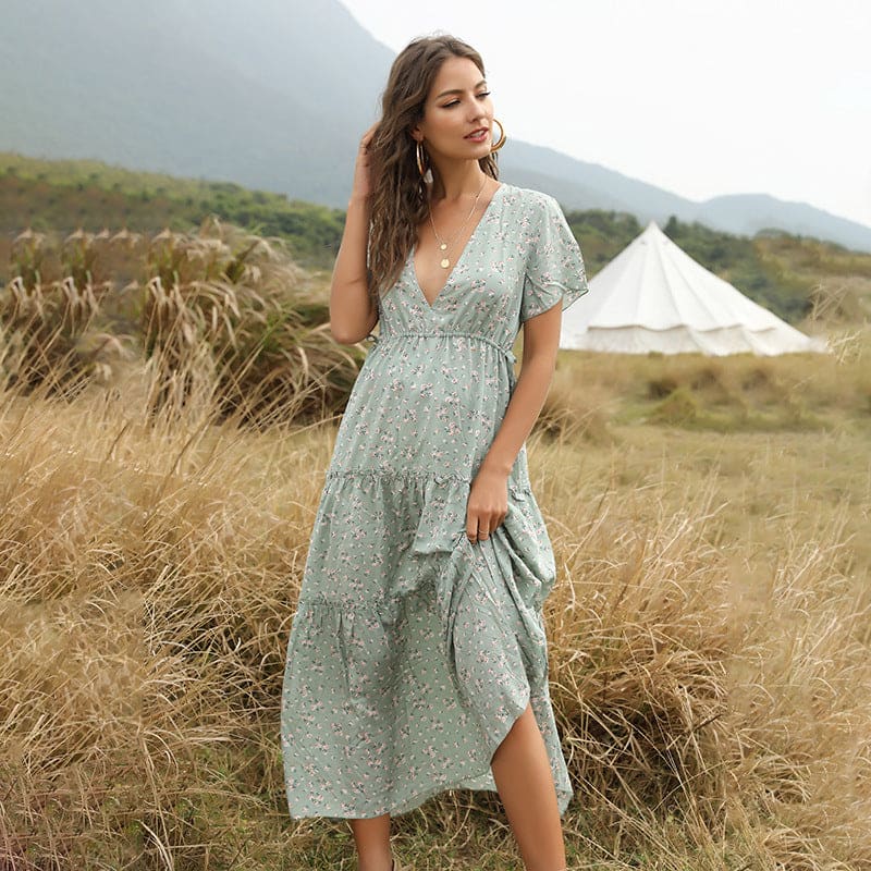 Long Dress Women Summer Boho Sexy Flowers V-neck - Green / L On sale