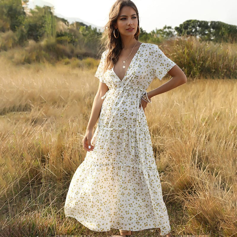 Long Dress Women Summer Boho Sexy Flowers V-neck - White / L On sale