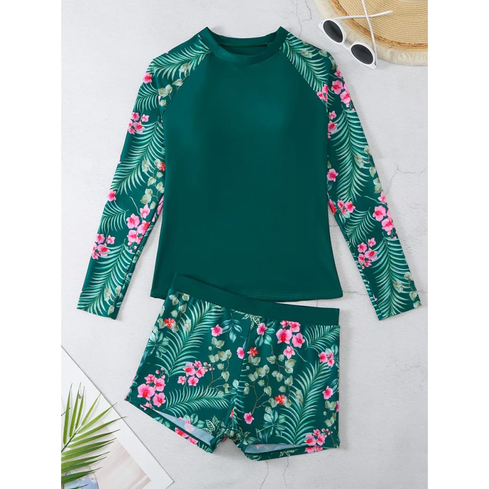 Long Sleeve Surfing Swimsuit Two-Piece Print Set for Women - On sale