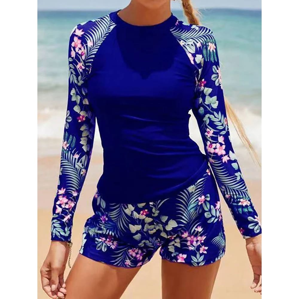 Long Sleeve Surfing Swimsuit Two-Piece Print Set for Women - Blue / S On sale