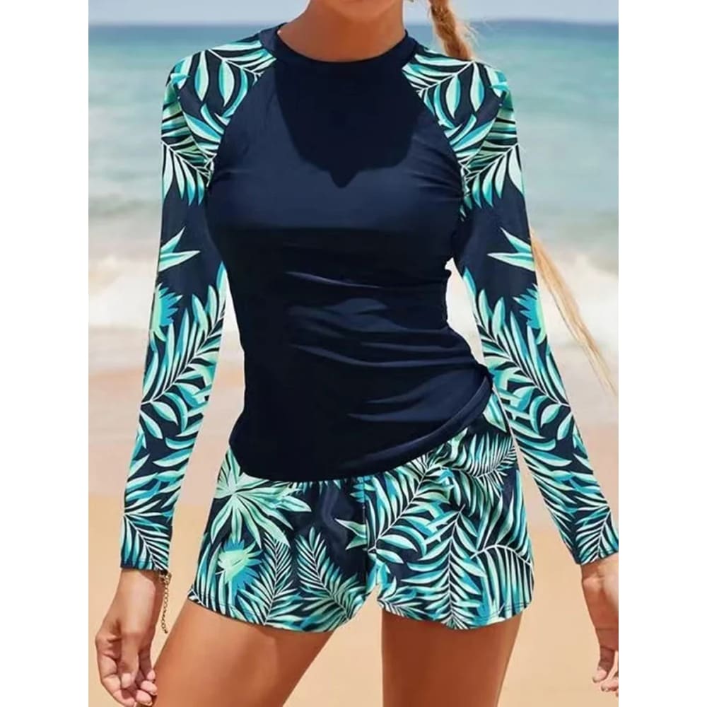 Long Sleeve Surfing Swimsuit Two-Piece Print Set for Women - Cyan / S On sale