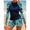 Cyanfarbenes Palmenprint-Surf-Set mit langen Ärmeln auf schwarzem Top und Shorts