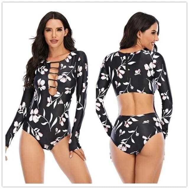 Long Sleeve Tiger Print Rash Guard bikini Surfing Swimsuit - One piece blackprint / M