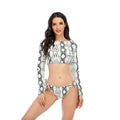Black-and-white snake print long-sleeve rash guard bikini set