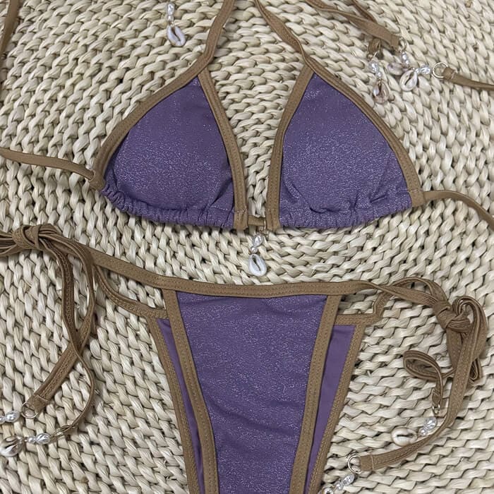 Lurex Contrast Strappy Shell Brazilian Bikini Set - On sale