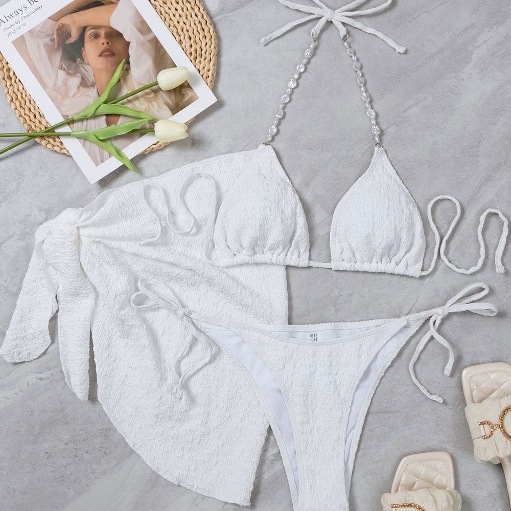 Luxury Crinkled Tie String Beaded Three Piece Swimsuit - On sale