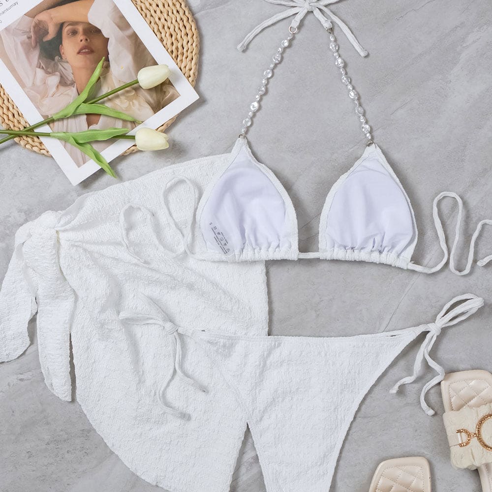 Luxury Crinkled Tie String Beaded Three Piece Swimsuit - On sale