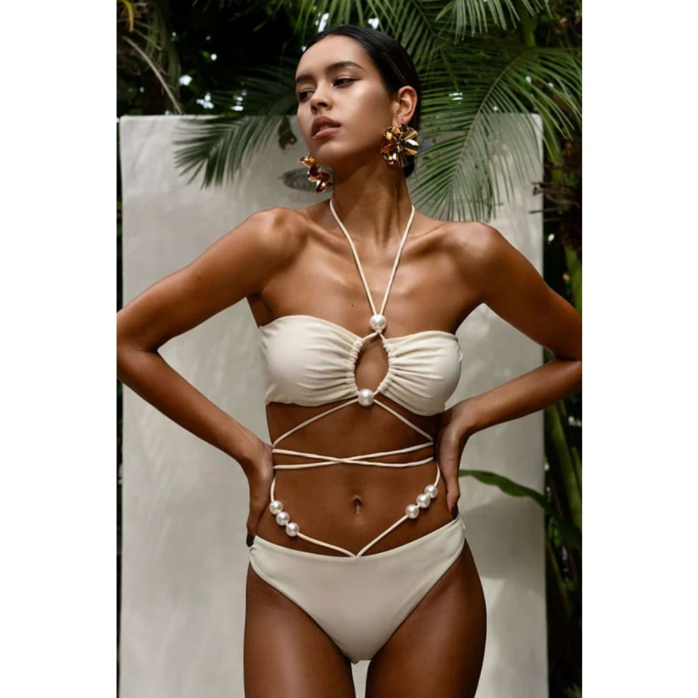 Luxury Faux Pearl String Brazilian Bikini Set - On sale