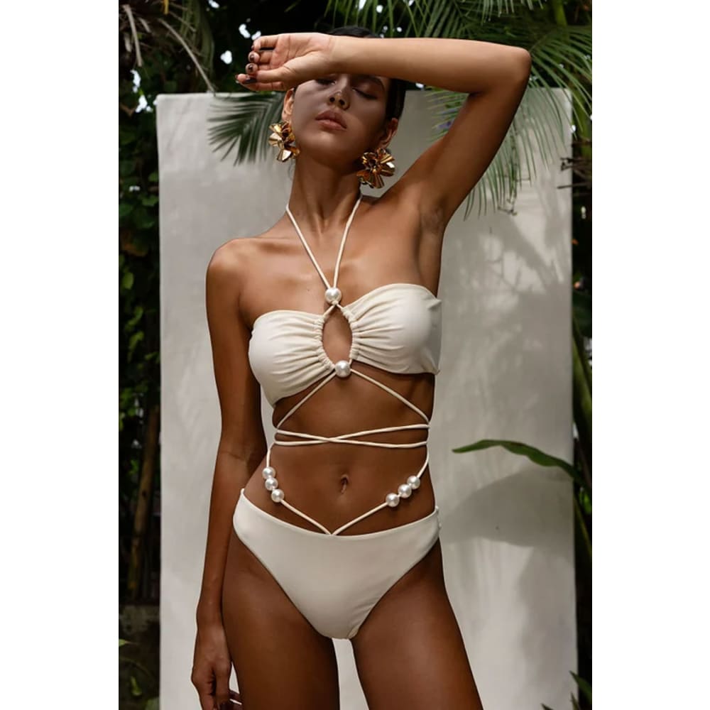 Luxury Faux Pearl String Brazilian Bikini Set - On sale