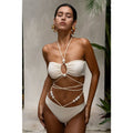 White faux pearl Brazilian bikini: ruched bandeau, pearl-ring ties, string side bottoms