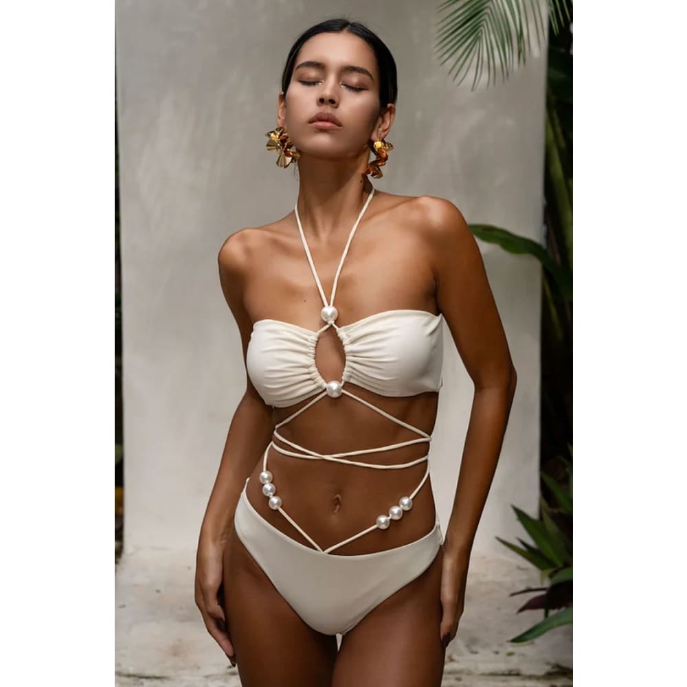 Luxury Faux Pearl String Brazilian Bikini Set - White / S On sale